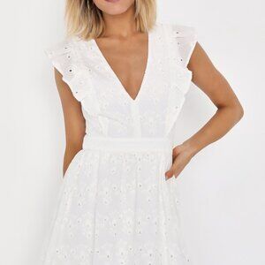 Lulus Flirtatious In Florence White Ruffled Eyelet Cotton Mini Dress - Size M